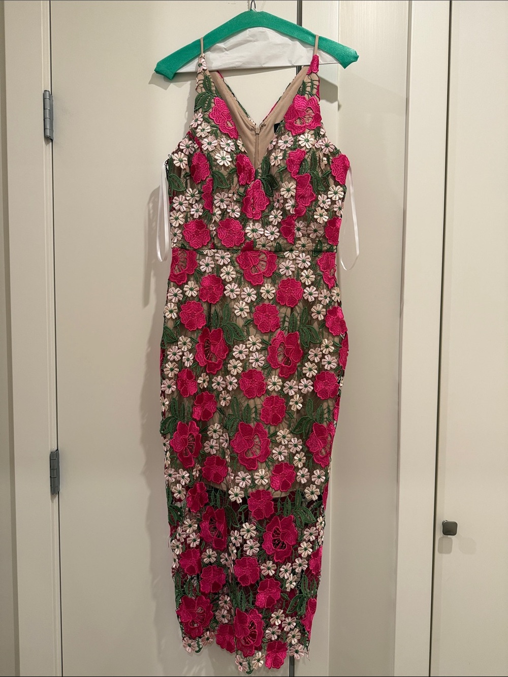 Pink & Green Floral Lace V-Neck Sheath Dress